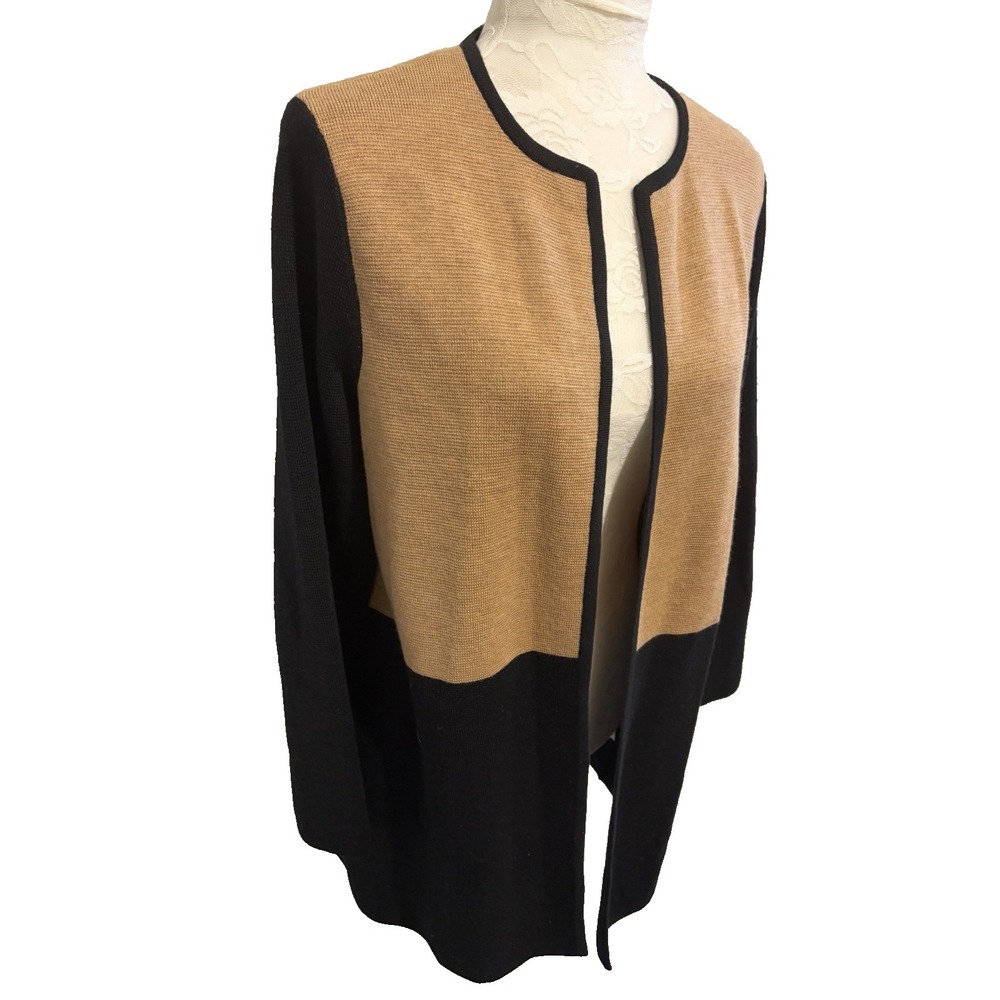 Talbots Merino Wool Open Front Duster Cardigan~PL~Camel Black Colorblock Classic